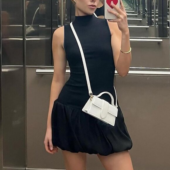 Women Bubble Dress Sleeveless Mock Neck Open Back Mini Y2K Party Club - Picture 4 of 6